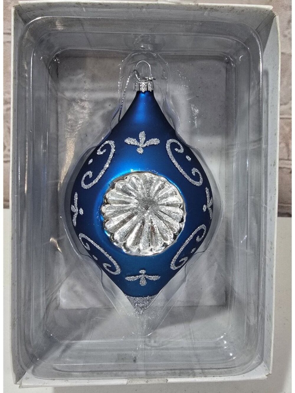 Northwoods Collection Glass Ornament Retro Style Large Blue & Silver In Box 5.5"